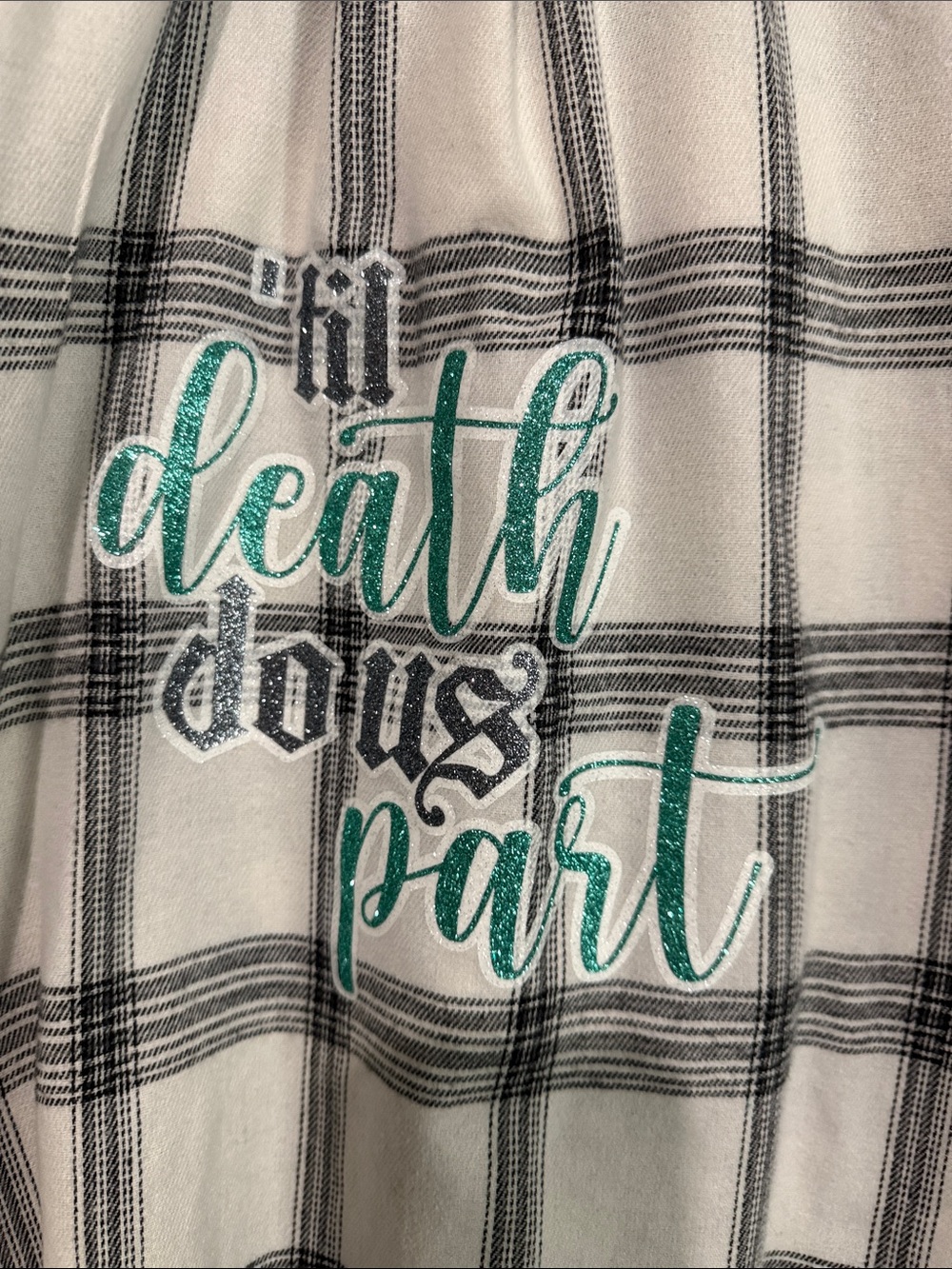 Women's White & Black Plaid Button-Up Bride Shirt with “Till death do us part” - Picture 3 of 6